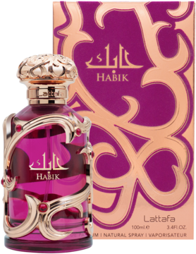 Złoto-fuksjowa woda perfumowana Lattafa Habik w ozdobnym flakonie ze złotymi detalami, obok pasującego pudełka.