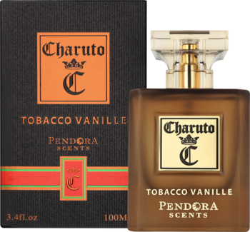 Perfumy Charuto Tobacco Vanille: matowa brązowa butelka ze złotym korkiem i czarne pudełko z pomarańczowym logo, widok z przodu.
