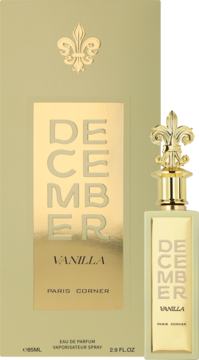 Złoty flakon perfum December Vanilla Paris Corner z ozdobnym korkiem, pionowy napis, obok pudełko z fleur-de-lis.