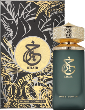 Orientalne perfumy Khair Paris Corner: butelka ciemnozielona z gold cap i czarno-złotym pudełkiem z liśćmi.
