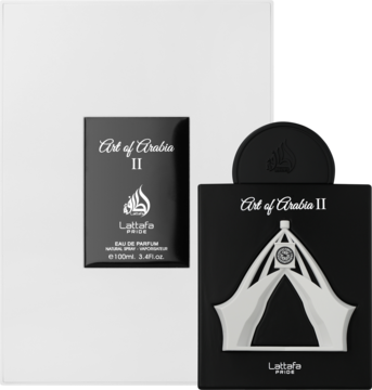 Lattafa Art of Arabia II EDP. Dwa czarne pudełka, jedno otwarte z opakowaniem perfum, drugie zamknięte.