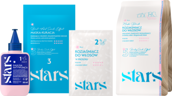 Zestaw do rozjaśniania włosów Stars: różowa butelka i niebiesko-białe saszetki rozjaśniacza i pasty koloryzującej.