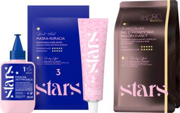 Zestaw do koloryzacji Stars: różowy utleniacz 50ml, niebieska maska kuracyjna i brązowy barwnik.