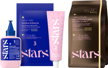 Zestaw do koloryzacji Z. stars: różowa emulsja, niebieska maska i brązowy toner. Widok z przodu.