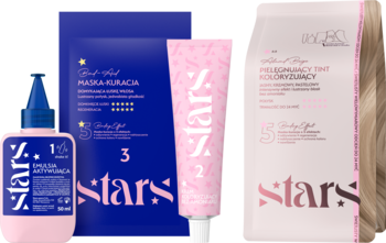 Zestaw koloryzujący z. stars: emulsja, pielęgnujący tint, niebieska maska do włosów, na jasnym tle.