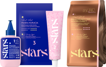 Zestaw do koloryzacji Z.stars: emulsja aktywująca, różowy krem, niebieska maska i miedziany proszek na tle włosów.