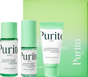 Purito Seoul Wonder Releaf Centella Mini Kit Unscented: toner, serum, krem w zielonych opakowaniach, z tyłu pudełko.