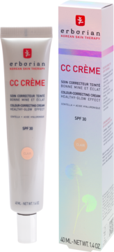 Erborian CC Crème SPF 30 Clair, colour-correcting healthy-glow effect cream in tube & box, front view.