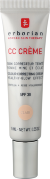 Front view of Erborian CC Crème SPF 30, shade Clair, in a light beige tube. Colour-correcting cream for healthy glow.