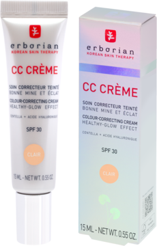Krem Erborian CC Crème SPF 30 Clair w białej tubce i pudełku, widok z przodu. Koloryzujący z Centella Asiatica.
