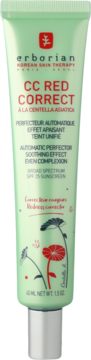 Erborian CC RED CORRECT SPF25, krem korygujący zaczerwienienia, zielona tubka 45ml z motywem kwiatów, widok z przodu.
