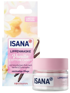 Isana Vanilla Cotton Candy Lippenmaske Limited Edition: różowe opakowanie i biały słoiczek na czarnym tle.