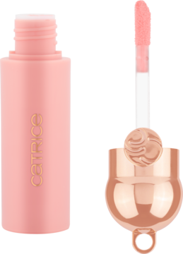 Róż do policzków w płynie Catrice C01, różowa matowa butelka z wyciągniętym aplikatorem i rosegoldową ozdobą.