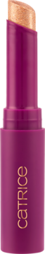 Brokatowy sztyft Catrice Hollyglazing C01, wysunięty z fioletowej obudowy, miedziano-złoty blask.