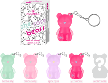 Essence The Rare Bears: biały blind box i cztery przezroczyste misie-breloczki (róż, zieleń, fiolet) z sercami.