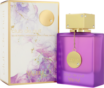 Zmysłowe perfumy damskie Armaf Club De Nuit Maleka EDP, fioletowa butelka ze złotym korkiem i eleganckie pudełko.