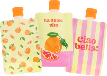 Eloy saszetki podróżne, 3 sztuki. Żółte i różowe, z motywami cytrusów, napisami Ciao bella, La dolce vita.