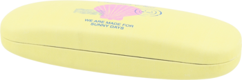 Eloy etui na okulary muszelka, jasnożółte, z różowym wzorem i napisem 'WE ARE MADE FOR SUNNY DAYS'.