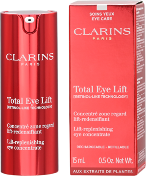 Czerwony koncentrat pod oczy Clarins Total Eye Lift w butelce i kartonowym pudełku, widok z przodu, pojemność 15ml.