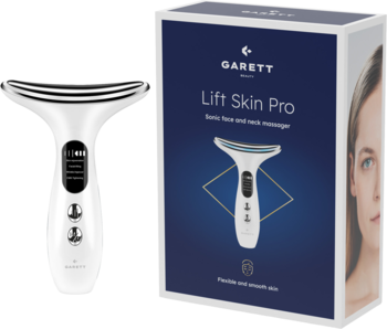 Biały soniczny masażer do twarzy i szyi Garett Beauty Lift Skin Pro, widoczny obok niebieskiego pudełka.
