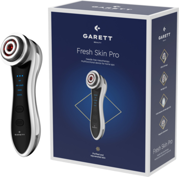 Urządzenie do mezoterapii Garett Beauty Fresh Skin Pro, białe z czarnymi akcentami, obok granatowego pudełka.