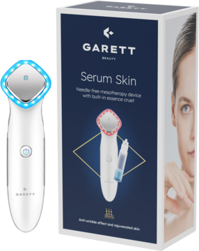 Białe urządzenie Garett Beauty Serum Skin do mezoterapii bezigłowej z niebieskim światłem LED, obok pudełka.