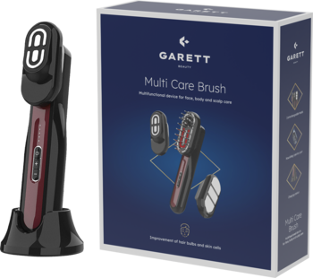 Czarno-czerwone wielofunkcyjne urządzenie Garett Beauty Multi Care Brush ze stacją ładującą i opakowaniem.