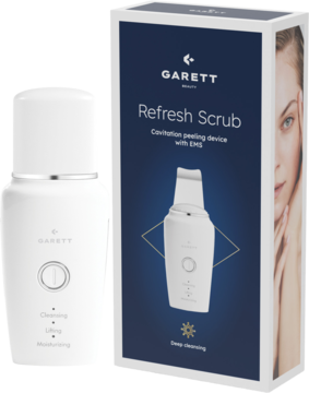 Garett Beauty Refresh Scrub, białe urządzenie do peelingu kawitacyjnego, obok jego pudełko z wizerunkiem kobiety.