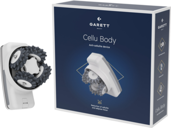Białe urządzenie Garett Beauty Cellu Body z szarymi rolkami obok jego ciemnego opakowania z logo, widok z przodu.