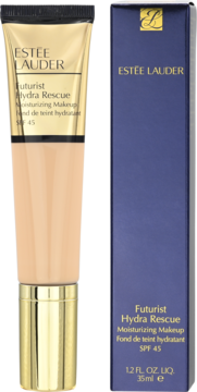 Estée Lauder Futurist Hydra Rescue nawilżający podkład SPF 45, beżowa tubka, granatowe pudełko, widok z przodu.