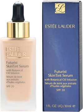 Estée Lauder Futurist SkinTint Serum SPF 20, beżowa butelka z pipetą i granatowe pudełko z infuzją oleju.
