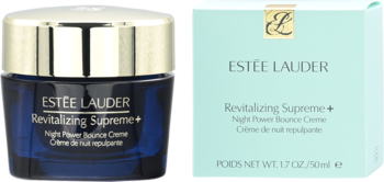 Estée Lauder Revitalizing Supreme+ Night Power Bounce Creme, niebieski słoiczek i miętowe pudełko, widok z przodu.