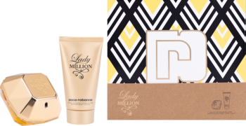 Złoty zestaw Paco Rabanne Lady Million: fasetowana woda perfumowana i balsam do ciała obok otwartego opakowania.