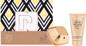 Zestaw Paco Rabanne Lady Million: złoty flakon perfum 50ml, tubka balsamu 75ml i pudełko z wzorem.