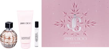 Jimmy Choo zestaw prezentowy damski: falista butelka wody perfumowanej, balsam i miniatura na różowym pudełku.