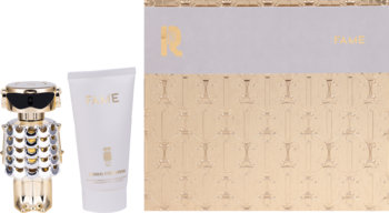 Zestaw zapachowy Fame: złoty flakon robot i biały balsam do ciała, widok z przodu na jasnym tle.