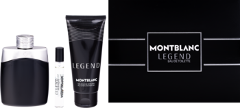 Zestaw MontBlanc Legend: ciemna woda toaletowa 100ml, miniatura 7.5ml i czarny żel pod prysznic 100ml. Na czarnym tle.