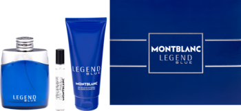 Zestaw Montblanc Legend Blue: błękitny flakon wody perfumowanej, miniatura, tuba żelu i pudełko, na niebieskim tle.