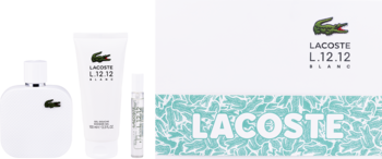 Zestaw Lacoste L.12.12 Blanc: biała woda toaletowa 100ml, żel 100ml, EDT 7.5ml. Widok z przodu, logo krokodyla.