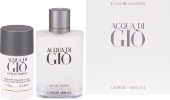 Zestaw Giorgio Armani Acqua di Gio: biała woda toaletowa, dezodorant i pudełko Travel Collection.