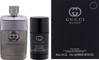 Zestaw Gucci Guilty Pour Homme: szara woda toaletowa, czarny dezodorant i pudełko, widok z przodu.