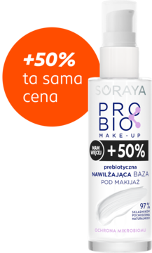 Soraya Probio Make-Up prebiotyczna baza nawilżająca, biała butelka z pompką, oferta +50% więcej.
