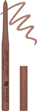 Nude beżowa kredka do ust WINGS of colour z kremową formułą, z widocznym swatch'em i odkręconą skuwką.