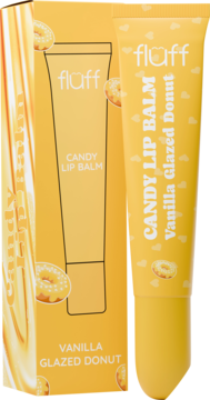 Balsam Fluff Candy Lip Balm Vanilla Glazed Donut, żółta tubka z grafiką pączka przed pasującym pudełkiem.
