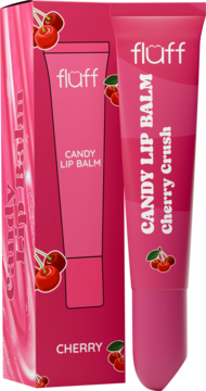 Nawilżający balsam do ust Fluff Candy Lip Balm Cherry Crush, różowa tubka i pudełko z grafiką wiśni.