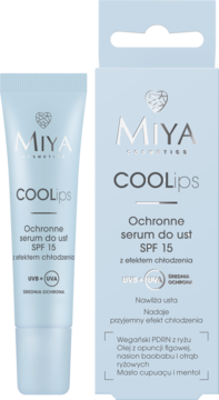 MIYA COOLips ochronne serum do ust SPF 15, jasnoniebieska tubka i kartonowe pudełko, widok z przodu.