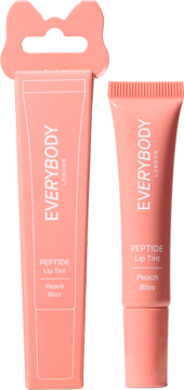 Nawilżający EVERYBODY London Peptide Lip Tint Peach Bliss w brzoskwiniowej tubce i pudełku, widok z przodu.
