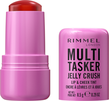Rimmel Multi Tasker Jelly Crush Lip & Cheek Tint w różowej tubie, otwarty, ukazujący czerwony żelowy sztyft.