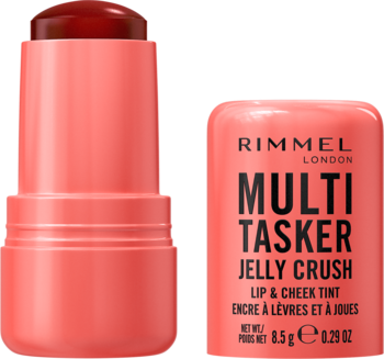 Rimmel Multi Tasker Jelly Crush tint do ust i policzków, brzoskwiniowy sztyft z otwartym wkładem, widok z przodu.