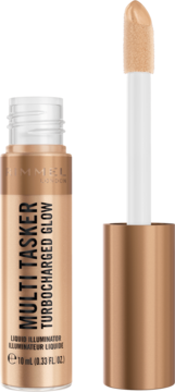 Złoty rozświetlacz Rimmel Multi Tasker Turbocharged Glow. Otwarta butelka z wyjętym aplikatorem.